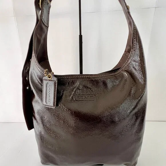 Coach Brown Patent Leather Crinkle Texture Hobo & Crossbody Bag, C0873-12387 EUC - Picture 14 of 16